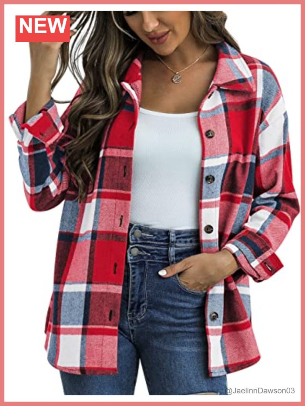 Plaid Flannel Shacket Button Down Shirt Jacket Loose Fit Turn Down Collar